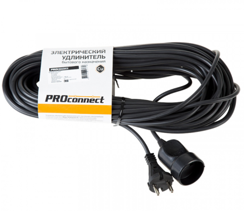 Удлинитель-шнур PROconnect ПВС 2х0.75, 20 м, б/з, 6 А, 1300 Вт, IP20, черный (Сделано в России) 11-7115