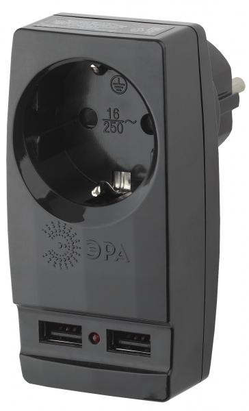 ЭРА Черный Адаптер "Polynom" 1 гнездо 220V + 2xUSB 2100мА, с заземляющими контактами SP-1e-USB-B Б0026333