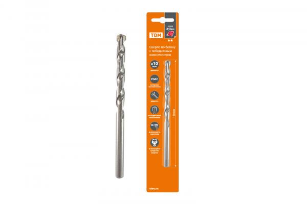 Сверло по бетону 10х118 мм ударное, победит. након, цилиндр. хвост, блистер 1 шт, "Рубин" TDM