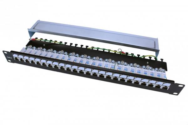 Патч-панель 19",1U, 24 порта RJ-45 полн. экран., категория 6, Dual IDC, ROHS, цвет черный Hyperline PP3-19-24-8P8C-C6-SH-110D