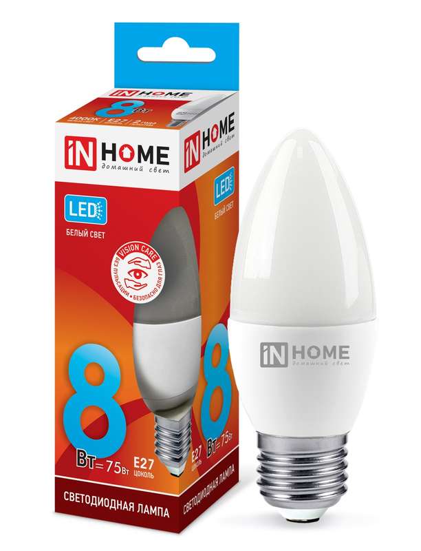 Лампа светодиодная LED-СВЕЧА-VC 8Вт свеча 4000К нейтр. бел. E27 760лм 230В IN HOME 4690612020457
