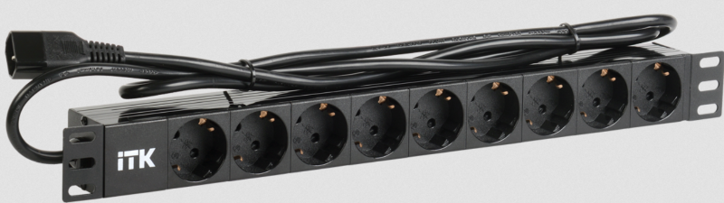 Блок PDU 9 розеток DIN49440 (немецкий cтандарт ) 1U, шнур 2м вилка IEC 320 C14, профиль из ПВХ, черный ITK