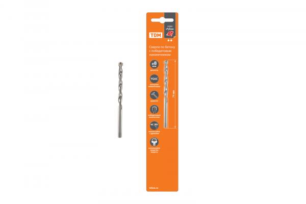 Сверло по бетону, ударное, 4×74 мм, победитовое наконечник, цилиндр. хвост, блистер 1 шт, "Рубин" TDM