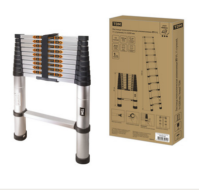 Лестница телескопическая алюминиевая ЛТ-11, 11 ступеней, h=3200 мм, "Алмаз" TDM