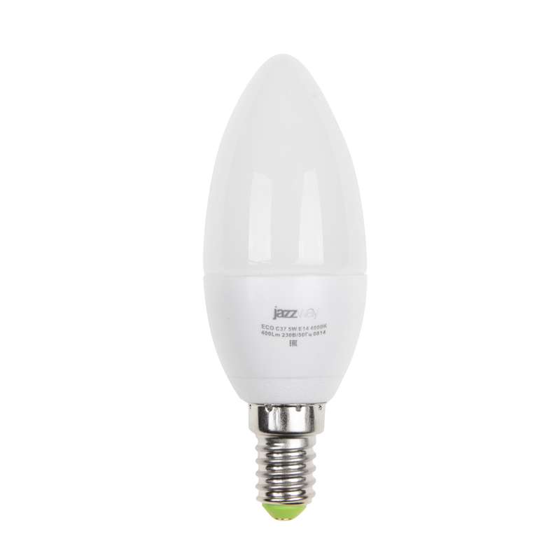 Лампа светодиодная PLED-ECO 5Вт C37 свеча 3000К тепл. бел. E14 400лм 220-240В JazzWay 1036834A