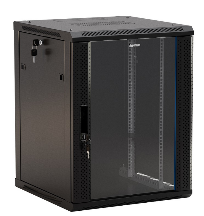 Hyperline TWB-1566-GP-RAL9004 Шкаф настенный 19-дюймовый (19"), 15U, 775x600х600мм, стеклянная дверь с перфорацией по бокам, ручка с замком, цвет черный (RAL 9004) (разобранный)