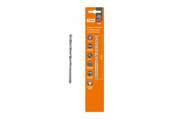 Сверло по бетону  5х84 мм ударное, победит. након, цилиндр. хвост, блистер 1 шт, "Рубин" TDM