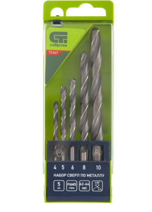 Набор сверл по металлу 4-10 мм, 5 штук., Р6М5, пластиковый кейс  СИБРТЕХ