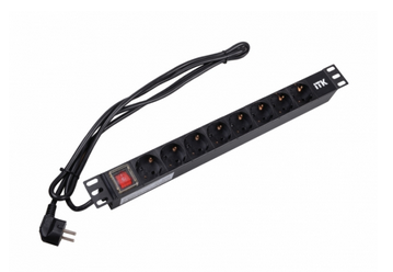 Блок PDU 8 розеток DIN49440 (немецкий cтандарт) с LED выключателем, 1U, шнур 2м вилка DIN49441 (немецкий стандарт), профиль из ПВХ, черный ITK