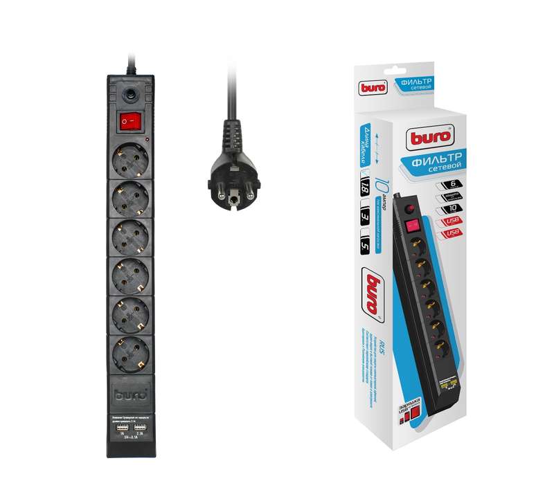 Удлинитель с сетевым фильтром 6х1.8м с заземл. 10А IP20 BU-SP1.8_USB_2A CCA 2200Вт 2USB черн. BURO 992310