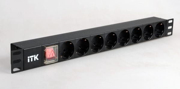 Блок PDU 8 розеток немецкий стандарт, с LED выключателем,1U, без шнура, вх. C14, алюминиевый профиль ITK