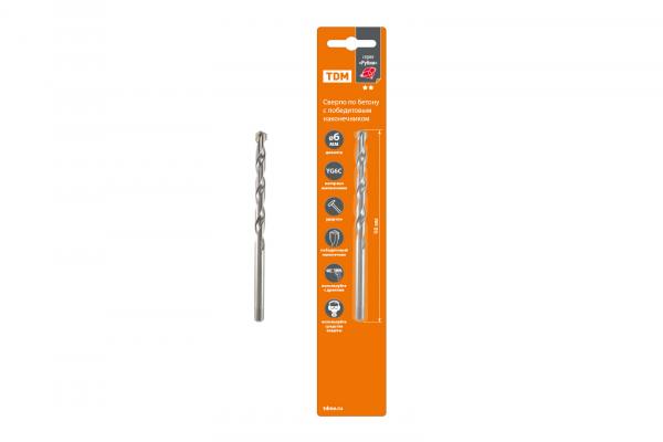 Сверло по бетону  6х98 мм ударное, победит. након, цилиндр. хвост, блистер 1 шт,"Рубин" TDM