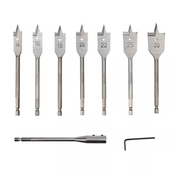 Набор сверл перовых по дереву 9 предметов: 14-16-18-20-22-25-30х152 мм, удлинитель, ключ угловой REXANT 91-0762