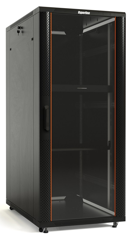 Hyperline TTB-2766-AS-RAL9004 Шкаф напольный 19-дюймовый, 27U, 1388x600х600 мм (ВхШхГ), передняя стеклянная дверь со стальными перфорированными боковинами, задняя дверь сплошная, ручка с замком, крыша нового типа, цвет черный (RAL 9004) (разобранный)